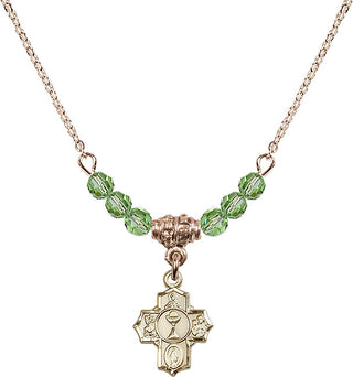 18" Hamilton Gold Plated Necklace with 4mm Peridot Crystal Beads featuring a 14kt Gold Filled Communion 5-Way Medal.