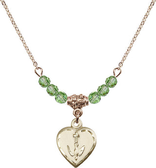18" Hamilton Gold Plated Necklace with 4mm Peridot Crystal Beads featuring a 14kt Gold Filled Heart / Confirmation Medal.