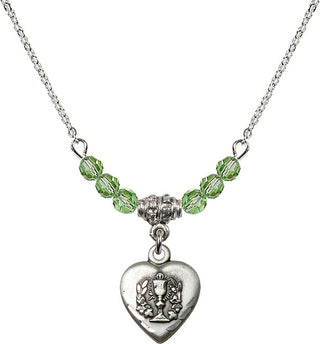 18" Rhodium Plated Necklace with 4mm Peridot Crystal Beads featuring a Sterling Silver Heart / Communion Medal.