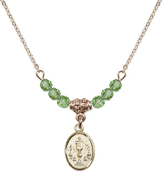 18" Hamilton Gold Plated Necklace with 4mm Peridot Crystal Beads featuring a 14kt Gold Filled Chalice Medal.