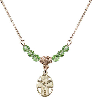 18" Hamilton Gold Plated Necklace with 4mm Peridot Crystal Beads featuring a 14kt Gold Filled Crucifix Medal.