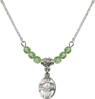 18" Rhodium Plated Necklace with 4mm Peridot Crystal Beads featuring a Sterling Silver 5-Way / Chalice Medal.