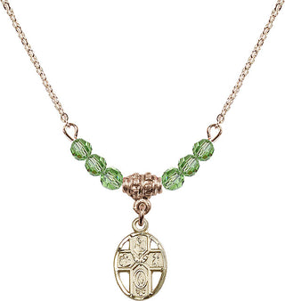 18" Hamilton Gold Plated Necklace with 4mm Peridot Crystal Beads featuring a 14kt Gold Filled 5-Way Medal.