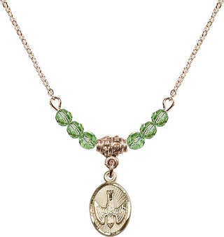 18" Hamilton Gold Plated Necklace with 4mm Peridot Crystal Beads featuring a 14kt Gold Filled Holy Spirit Medal.