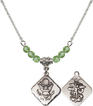 18" Rhodium Plated Necklace with 4mm Peridot Crystal Beads featuring a Sterling Silver Army Diamond Medal.