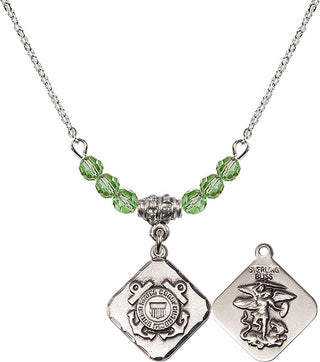 18" Rhodium Plated Necklace with 4mm Peridot Crystal Beads featuring a Sterling Silver Coast Guard Diamond Medal.