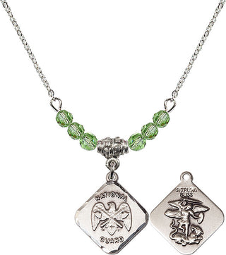 18" Rhodium Plated Necklace with 4mm Peridot Crystal Beads featuring a Sterling Silver Nat'l Guard Diamond Medal.