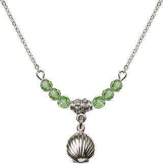 18" Rhodium Plated Necklace with 4mm Peridot Crystal Beads featuring a Sterling Silver Shell Medal.