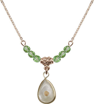 18" Hamilton Gold Plated Necklace with 4mm Peridot Crystal Beads featuring a 14kt Gold Filled Mustard Seed Medal.