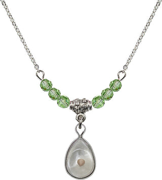 18" Rhodium Plated Necklace with 4mm Peridot Crystal Beads featuring a Sterling Silver Mustard Seed Medal.