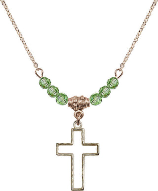 18" Hamilton Gold Plated Necklace with 4mm Peridot Crystal Beads featuring a 14kt Gold Filled Cross Medal.