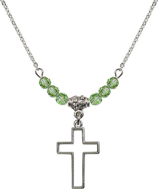 18" Rhodium Plated Necklace with 4mm Peridot Crystal Beads featuring a Sterling Silver Cross Medal.
