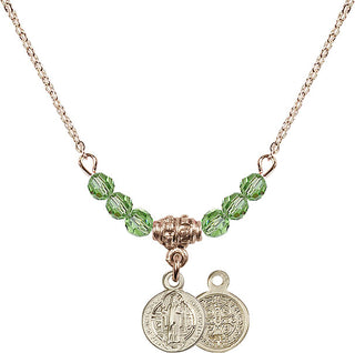 18" Hamilton Gold Plated Necklace with 4mm Peridot Crystal Beads featuring a 14kt Gold Filled Saint Benedict Medal.