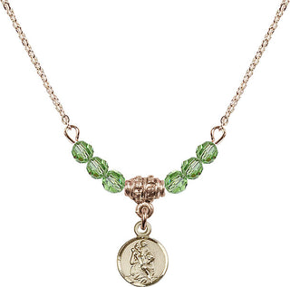 18" Hamilton Gold Plated Necklace with 4mm Peridot Crystal Beads featuring a 14kt Gold Filled Saint Christopher Medal.