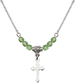 18" Rhodium Plated Necklace with 4mm Peridot Crystal Beads featuring a Sterling Silver Cross Medal.
