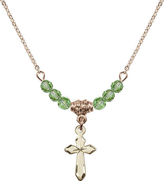 18" Hamilton Gold Plated Necklace with 4mm Peridot Crystal Beads featuring a 14kt Gold Filled Cross Medal.