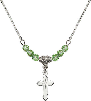 18" Rhodium Plated Necklace with 4mm Peridot Crystal Beads featuring a Sterling Silver Cross Medal.
