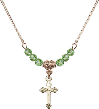 18" Hamilton Gold Plated Necklace with 4mm Peridot Crystal Beads featuring a 14kt Gold Filled Cross Medal.