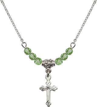 18" Rhodium Plated Necklace with 4mm Peridot Crystal Beads featuring a Sterling Silver Cross Medal.