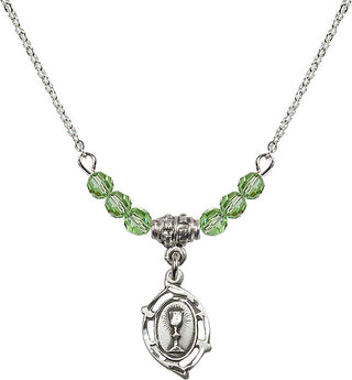 18" Rhodium Plated Necklace with 4mm Peridot Crystal Beads featuring a Sterling Silver Communion Medal.