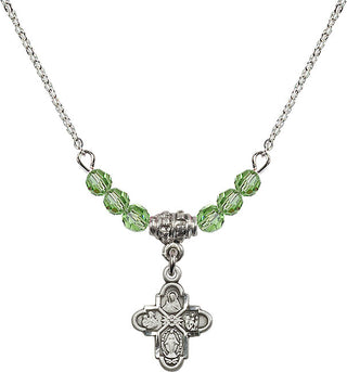 18" Rhodium Plated Necklace with 4mm Peridot Crystal Beads featuring a Sterling Silver 4-Way Medal.