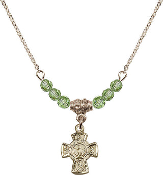18" Hamilton Gold Plated Necklace with 4mm Peridot Crystal Beads featuring a 14kt Gold Filled 5-Way Medal.
