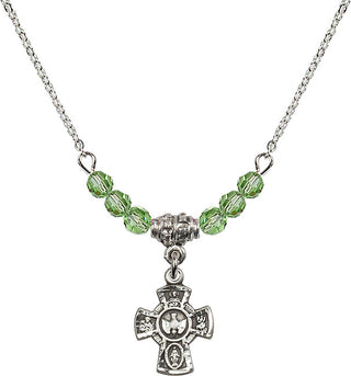 18" Rhodium Plated Necklace with 4mm Peridot Crystal Beads featuring a Sterling Silver 5-Way Medal.