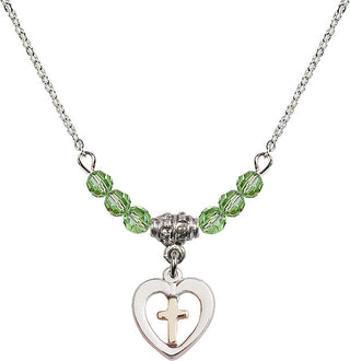 18" Rhodium Plated Necklace with 4mm Peridot Crystal Beads featuring a Gold Filled / Sterling Silver Heart / Cross Medal.