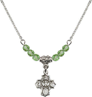 18" Rhodium Plated Necklace with 4mm Peridot Crystal Beads featuring a Sterling Silver 5-Way Medal.