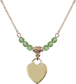 18" Hamilton Gold Plated Necklace with 4mm Peridot Crystal Beads featuring a 14kt Gold Filled Heart Medal. Engraved Catholic Saint Jewelry
