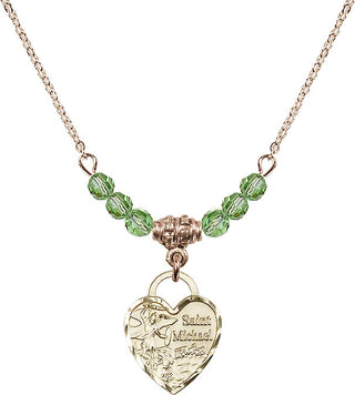18" Hamilton Gold Plated Necklace with 4mm Peridot Crystal Beads featuring a 14kt Gold Filled Saint Michael Heart Medal. Engraved Catholic Saint Jewelry
