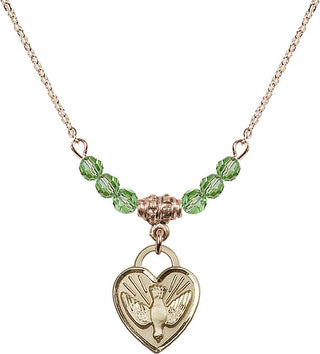 18" Hamilton Gold Plated Necklace with 4mm Peridot Crystal Beads featuring a 14kt Gold Filled Confirmation Heart Medal. Engraved Catholic Saint Jewelry