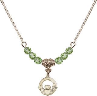 18" Hamilton Gold Plated Necklace with 4mm Peridot Crystal Beads featuring a 14kt Gold Filled Claddagh Medal.