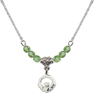 18" Rhodium Plated Necklace with 4mm Peridot Crystal Beads featuring a Sterling Silver Claddagh Medal.