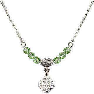18" Rhodium Plated Necklace with 4mm Peridot Crystal Beads featuring a Sterling Silver Jerusalem Cross Medal.