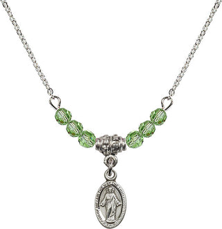 18" Rhodium Plated Necklace with 4mm Peridot Crystal Beads featuring a Sterling Silver Scapular Medal.