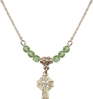 18" Hamilton Gold Plated Necklace with 4mm Peridot Crystal Beads featuring a 14kt Gold Filled Celtic Cross Medal.