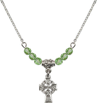 18" Rhodium Plated Necklace with 4mm Peridot Crystal Beads featuring a Sterling Silver Celtic Cross Medal.