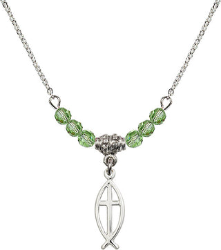 18" Rhodium Plated Necklace with 4mm Peridot Crystal Beads featuring a Sterling Silver Fish / Cross Medal.