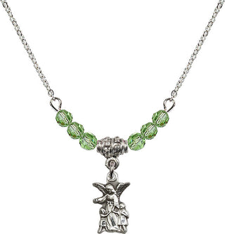 18" Rhodium Plated Necklace with 4mm Peridot Crystal Beads featuring a Sterling Silver Guardian Angel Medal.