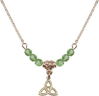 18" Hamilton Gold Plated Necklace with 4mm Peridot Crystal Beads featuring a 14kt Gold Filled Trinity Irish Knot Medal.
