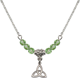 18" Rhodium Plated Necklace with 4mm Peridot Crystal Beads featuring a Sterling Silver Trinity Irish Knot Medal.