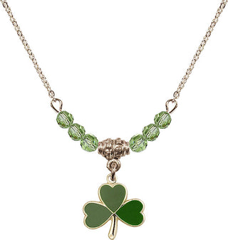 18" Hamilton Gold Plated Necklace with 4mm Peridot Crystal Beads featuring a 14kt Gold Filled Shamrock Medal.