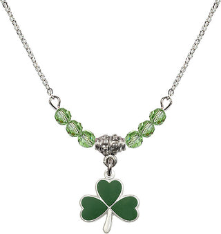 18" Rhodium Plated Necklace with 4mm Peridot Crystal Beads featuring a Sterling Silver Shamrock Medal.