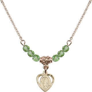 18" Hamilton Gold Plated Necklace with 4mm Peridot Crystal Beads featuring a 14kt Gold Filled Miraculous Medal.