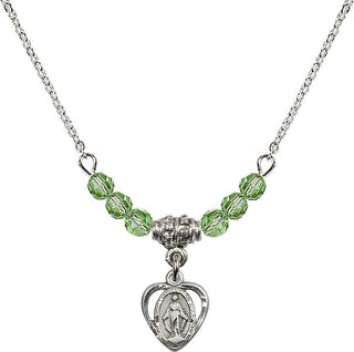 18" Rhodium Plated Necklace with 4mm Peridot Crystal Beads featuring a Sterling Silver Miraculous Medal.