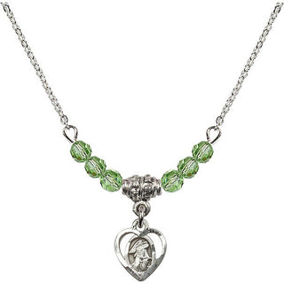 18" Rhodium Plated Necklace with 4mm Peridot Crystal Beads featuring a Sterling Silver Guardian Angel Medal. Engraved Catholic Saint Jewelry