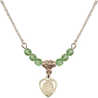 18" Hamilton Gold Plated Necklace with 4mm Peridot Crystal Beads featuring a 14kt Gold Filled Infant Medal. Engraved Catholic Saint Jewelry