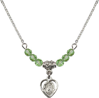 18" Rhodium Plated Necklace with 4mm Peridot Crystal Beads featuring a Sterling Silver Infant Medal. Engraved Catholic Saint Jewelry