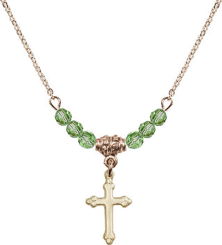 18" Hamilton Gold Plated Necklace with 4mm Peridot Crystal Beads featuring a 14kt Gold Filled Cross Medal.